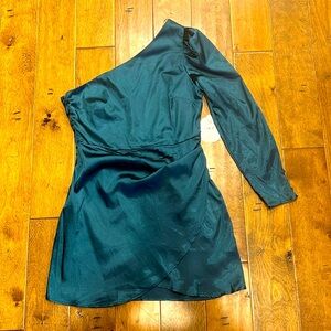 Altar’d State One shoulder satin green dress.